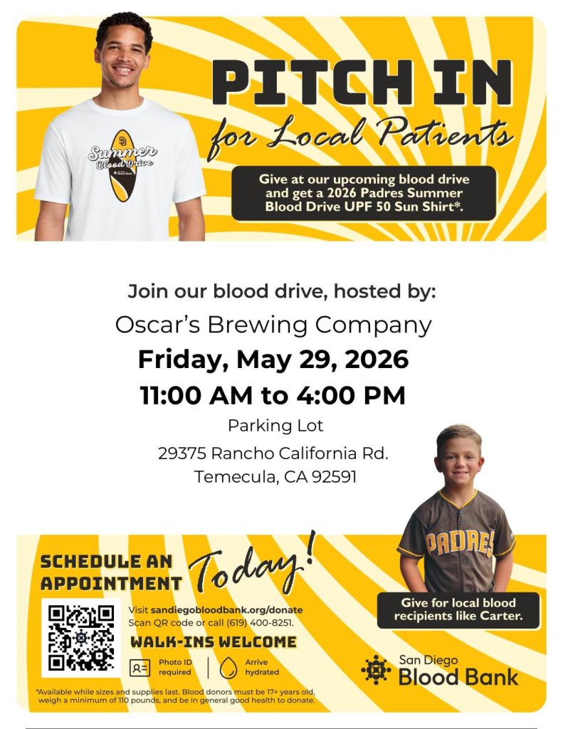 Join our blood drive at Oscar's Brewing Company Friday, May 29, 2026 11AM to 4PM. Receive a 2026 Padres Summer Blood Drive shirt