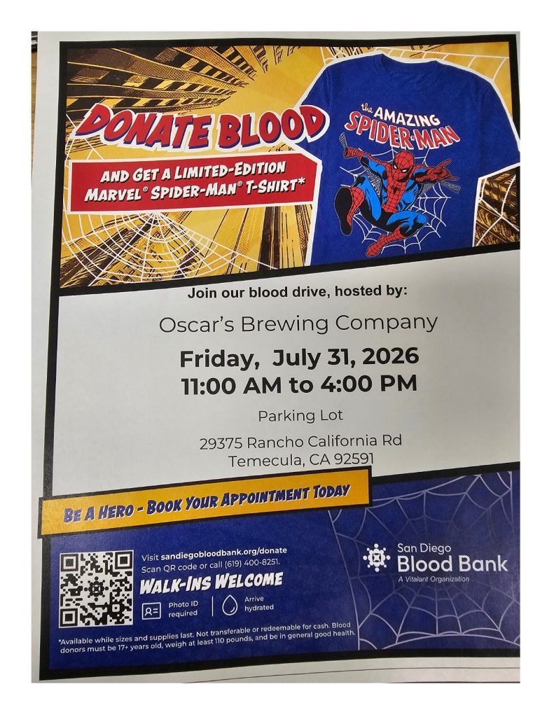 Oscar's Brewing Company Blood Drive Friday, July 31, 2026 11 A M to 4 P M