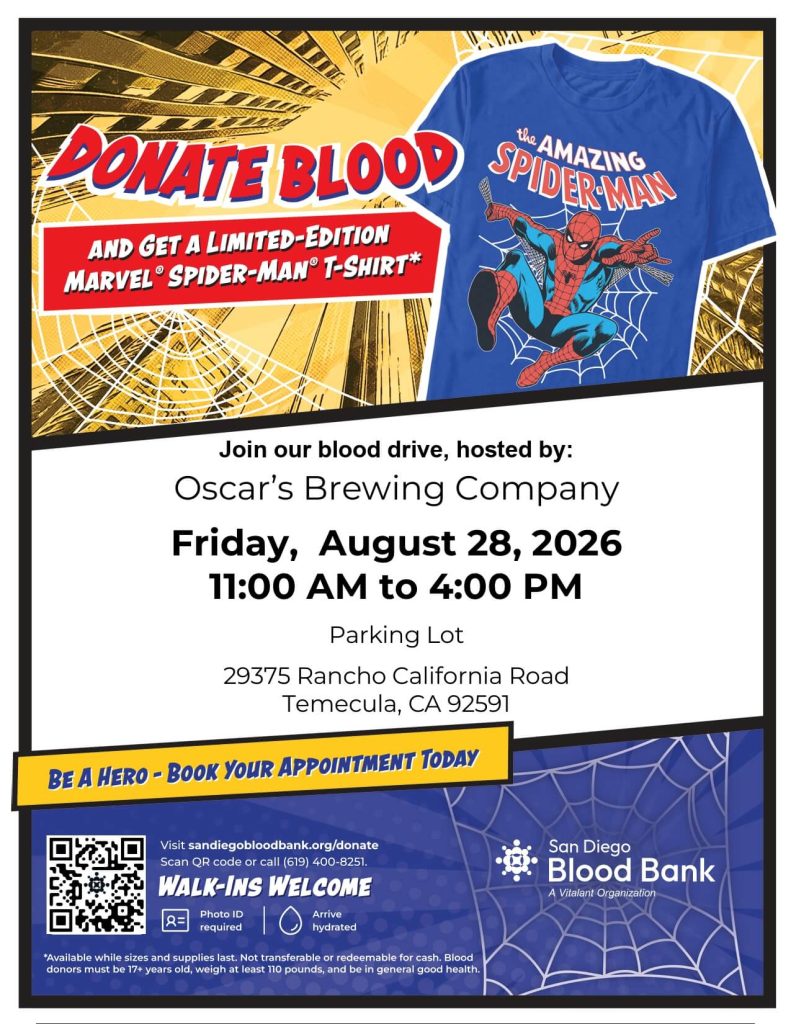 Join our blood drive, hosted by: Oscar's Brewing Company Friday, August 28, 2026 11 A M to 4 P M
